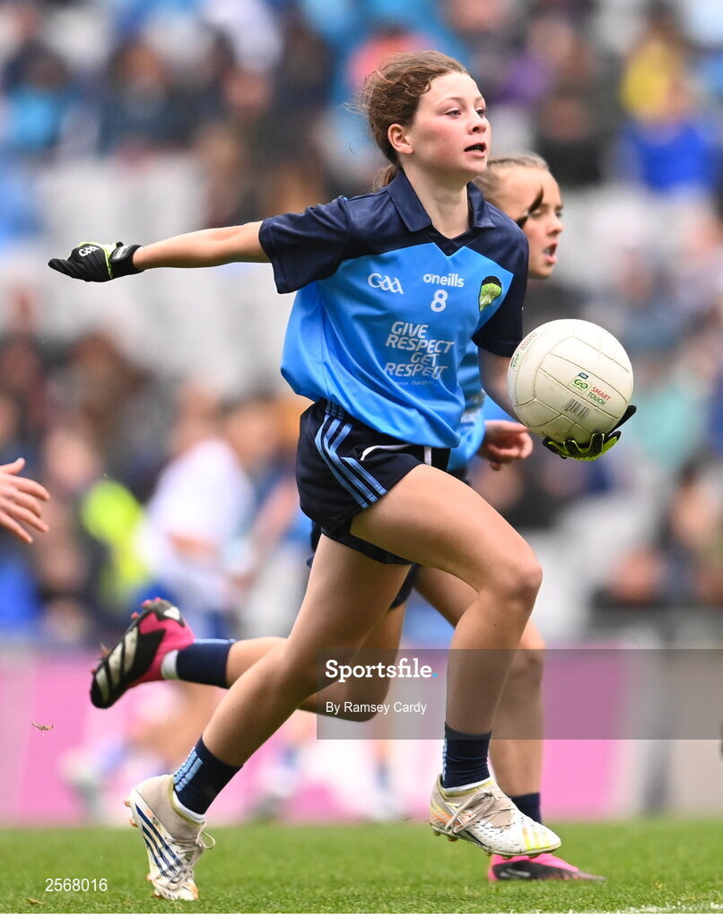 15 July 2023; Léana Coyne, Bohermeen NS, Bohermeen, Meath, representing Dublin, during the INTO Cumann na mBunscol GAA Respect Exhibition Go Games at the GAA Football All-Ireland Senior Championship semi-final match between Dublin and Monaghan at Croke Park in Dublin. Photo by Ramsey Cardy/Sportsfile