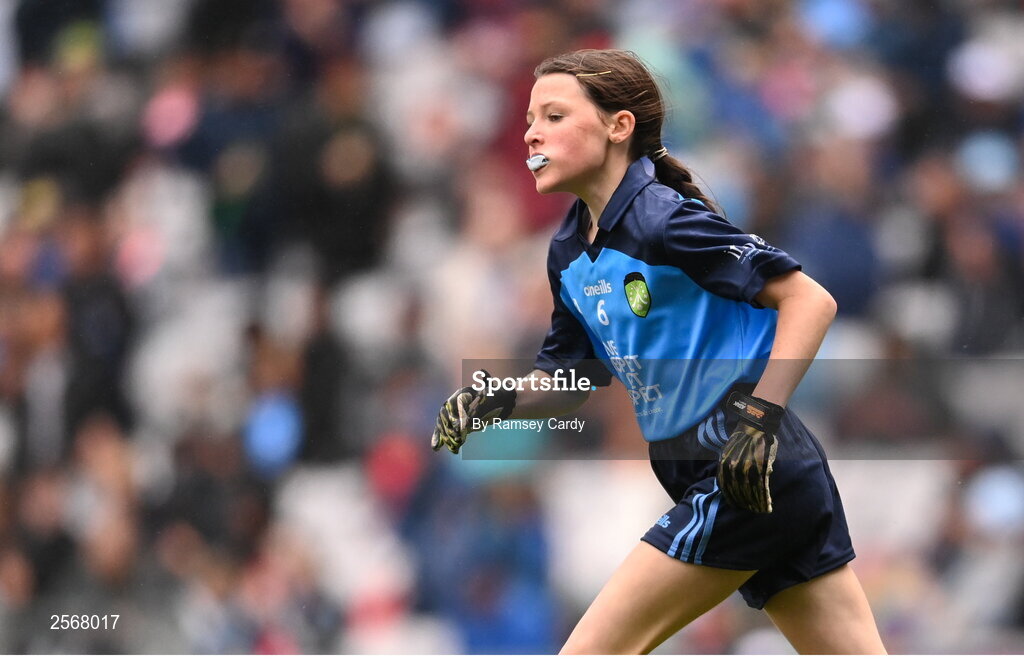 15 July 2023; Abigail Kerin, Scoil Mhuire na Trocaire, Ardee, Louth, representing Dublin, during the INTO Cumann na mBunscol GAA Respect Exhibition Go Games at the GAA Football All-Ireland Senior Championship semi-final match between Dublin and Monaghan at Croke Park in Dublin. Photo by Ramsey Cardy/Sportsfile