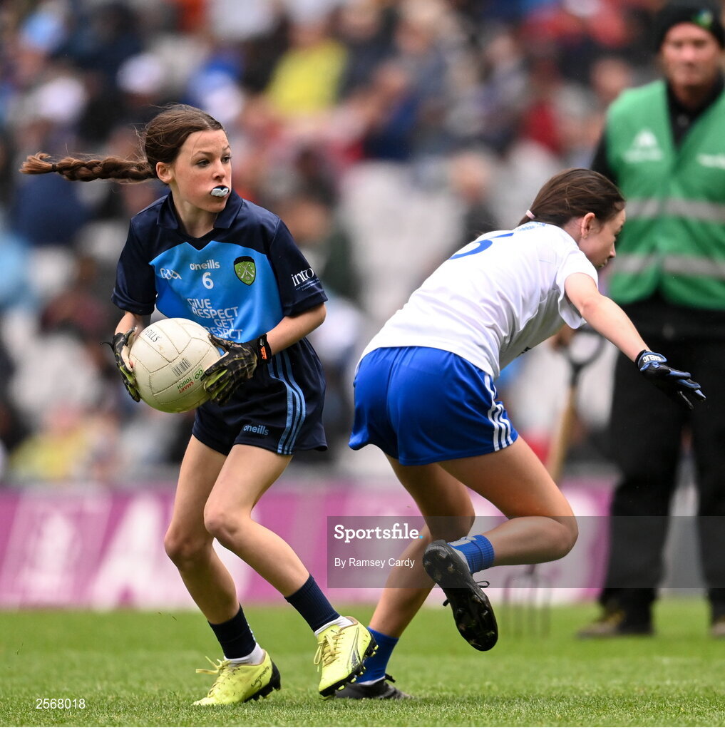 15 July 2023; Abigail Kerin, Scoil Mhuire na Trocaire, Ardee, Louth, representing Dublin, during the INTO Cumann na mBunscol GAA Respect Exhibition Go Games at the GAA Football All-Ireland Senior Championship semi-final match between Dublin and Monaghan at Croke Park in Dublin. Photo by Ramsey Cardy/Sportsfile