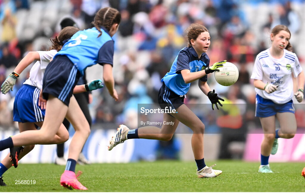 15 July 2023; Léana Coyne, Bohermeen NS, Bohermeen, Meath, representing Dublin, during the INTO Cumann na mBunscol GAA Respect Exhibition Go Games at the GAA Football All-Ireland Senior Championship semi-final match between Dublin and Monaghan at Croke Park in Dublin. Photo by Ramsey Cardy/Sportsfile