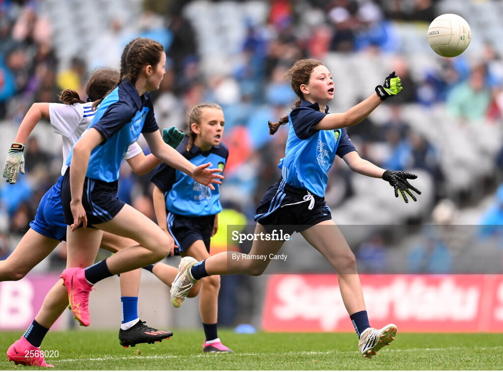 15 July 2023; Léana Coyne, Bohermeen NS, Bohermeen, Meath, representing Dublin, during the INTO Cumann na mBunscol GAA Respect Exhibition Go Games at the GAA Football All-Ireland Senior Championship semi-final match between Dublin and Monaghan at Croke Park in Dublin. Photo by Ramsey Cardy/Sportsfile