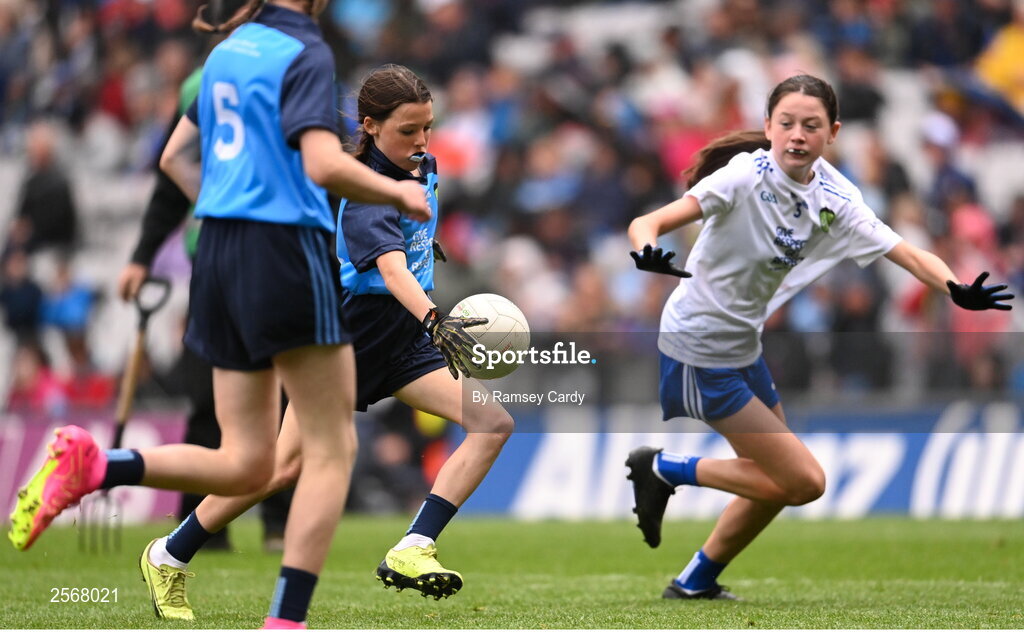 15 July 2023; Abigail Kerin, Scoil Mhuire na Trocaire, Ardee, Louth, representing Dublin, scores a goal during the INTO Cumann na mBunscol GAA Respect Exhibition Go Games at the GAA Football All-Ireland Senior Championship semi-final match between Dublin and Monaghan at Croke Park in Dublin. Photo by Ramsey Cardy/Sportsfile