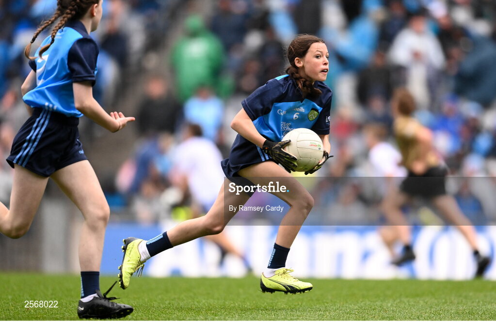 15 July 2023; Abigail Kerin, Scoil Mhuire na Trocaire, Ardee, Louth, representing Dublin, during the INTO Cumann na mBunscol GAA Respect Exhibition Go Games at the GAA Football All-Ireland Senior Championship semi-final match between Dublin and Monaghan at Croke Park in Dublin. Photo by Ramsey Cardy/Sportsfile