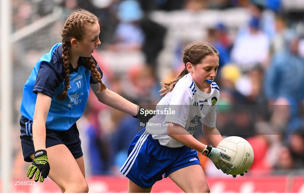 15 July 2023; Maebh Browne, Hollyford NS, Hollyford, Tipperary, representing Monaghan, and Chloe Carey, Lisnagry NS, Lisnagry, Limerick, representing Dublin, during the INTO Cumann na mBunscol GAA Respect Exhibition Go Games at the GAA Football All-Ireland Senior Championship semi-final match between Dublin and Monaghan at Croke Park in Dublin. Photo by Ramsey Cardy/Sportsfile