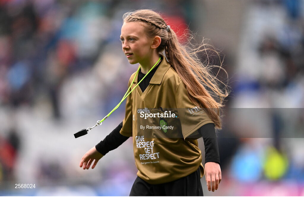 15 July 2023; Referee Niamh Devaney, Ballyvary Central NS, Castlebar, Mayo, during the INTO Cumann na mBunscol GAA Respect Exhibition Go Games at the GAA Football All-Ireland Senior Championship semi-final match between Dublin and Monaghan at Croke Park in Dublin. Photo by Ramsey Cardy/Sportsfile