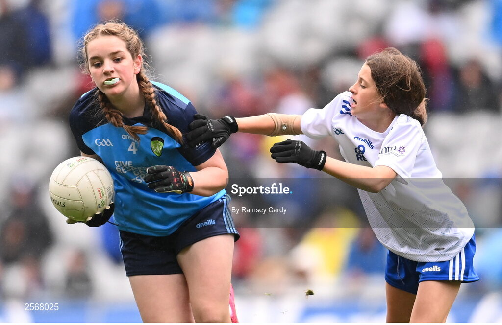 15 July 2023; Sorcha Aspell, Ardnagrath NS, Athlone, Westmeath, representing Dublin, and Cara McVeigh, Laghey PS, Dungannon, Tyrone, representing Monaghan,  during the INTO Cumann na mBunscol GAA Respect Exhibition Go Games at the GAA Football All-Ireland Senior Championship semi-final match between Dublin and Monaghan at Croke Park in Dublin. Photo by Ramsey Cardy/Sportsfile