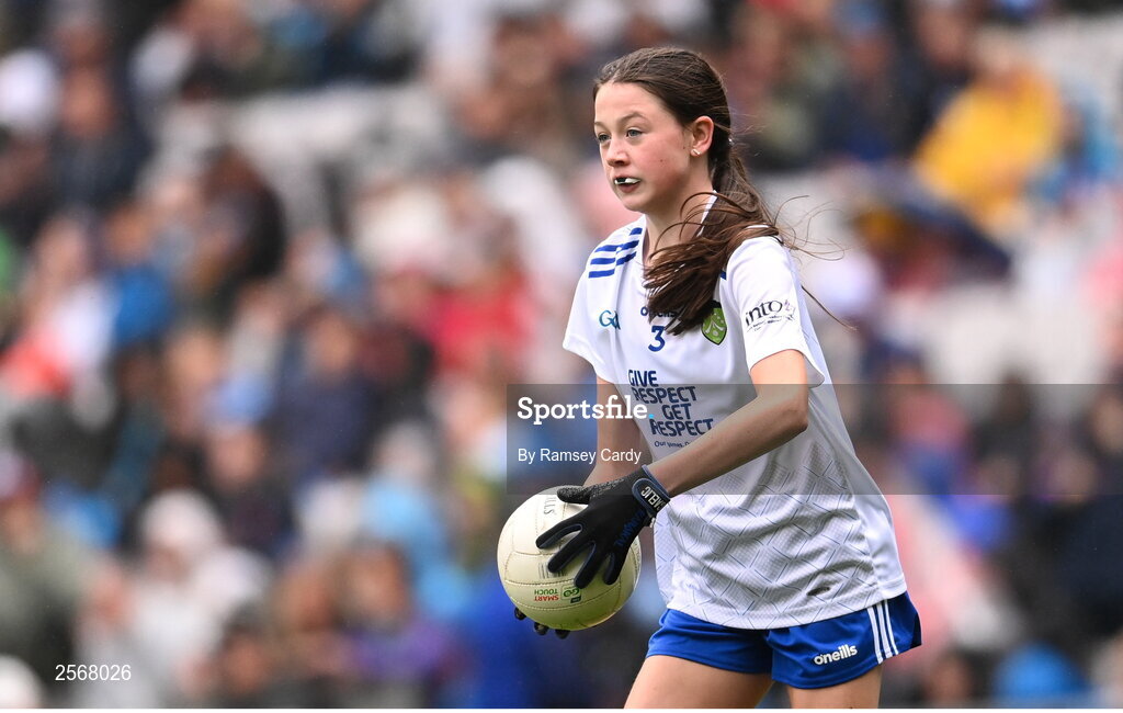 15 July 2023; Aoife Rodgers, St Brigid's NS, Bailieborough, Cavan, representing Monaghan, during the INTO Cumann na mBunscol GAA Respect Exhibition Go Games at the GAA Football All-Ireland Senior Championship semi-final match between Dublin and Monaghan at Croke Park in Dublin. Photo by Ramsey Cardy/Sportsfile