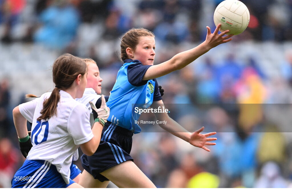 15 July 2023; Abigail Kerin, Scoil Mhuire na Trocaire, Ardee, Louth, representing Dublin, during the INTO Cumann na mBunscol GAA Respect Exhibition Go Games at the GAA Football All-Ireland Senior Championship semi-final match between Dublin and Monaghan at Croke Park in Dublin. Photo by Ramsey Cardy/Sportsfile