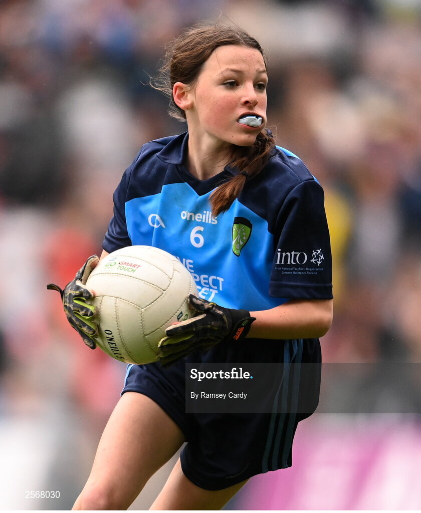 15 July 2023; Abigail Kerin, Scoil Mhuire na Trocaire, Ardee, Louth, representing Dublin, during the INTO Cumann na mBunscol GAA Respect Exhibition Go Games at the GAA Football All-Ireland Senior Championship semi-final match between Dublin and Monaghan at Croke Park in Dublin. Photo by Ramsey Cardy/Sportsfile