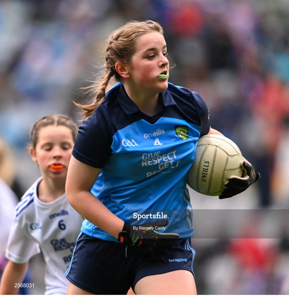 15 July 2023; Sorcha Aspell, Ardnagrath NS, Athlone, Westmeath, representing Dublin, during the INTO Cumann na mBunscol GAA Respect Exhibition Go Games at the GAA Football All-Ireland Senior Championship semi-final match between Dublin and Monaghan at Croke Park in Dublin. Photo by Ramsey Cardy/Sportsfile