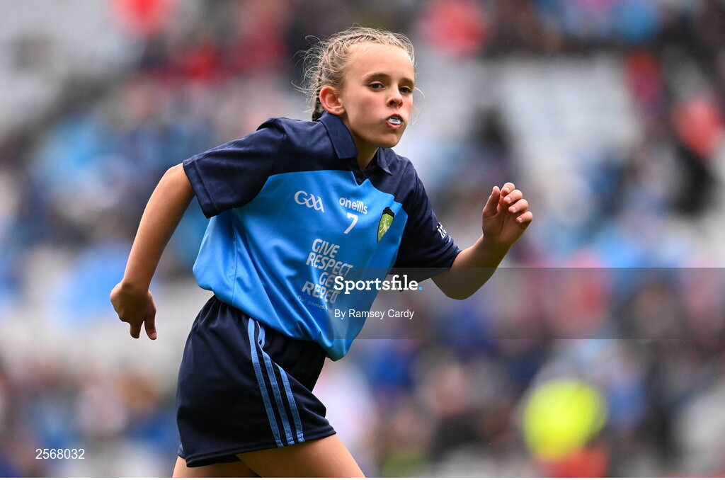15 July 2023; Sophie McCabe, St Malachys' Girls' School, Dundalk, Louth, representing Dublin, during the INTO Cumann na mBunscol GAA Respect Exhibition Go Games at the GAA Football All-Ireland Senior Championship semi-final match between Dublin and Monaghan at Croke Park in Dublin. Photo by Ramsey Cardy/Sportsfile