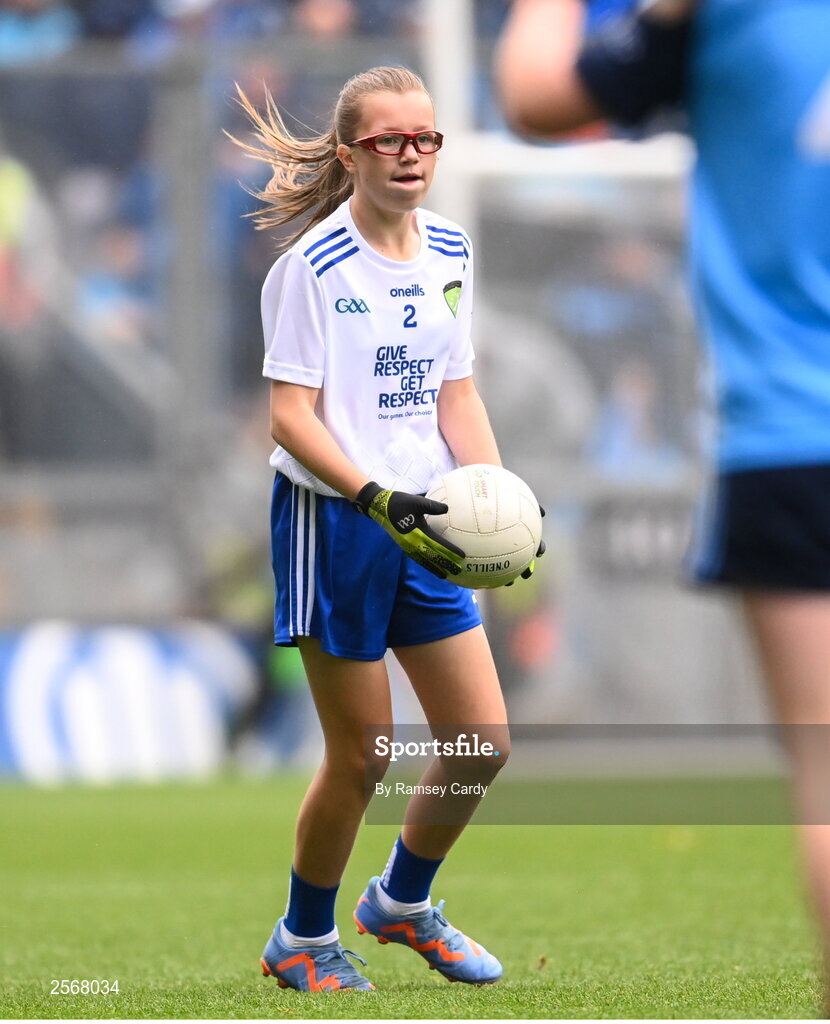 15 July 2023; Emily Nic an tSaoir, Gaelscoil Eoghain Uí Thuairisc, Carlow, representing Monaghan, during the INTO Cumann na mBunscol GAA Respect Exhibition Go Games at the GAA Football All-Ireland Senior Championship semi-final match between Dublin and Monaghan at Croke Park in Dublin. Photo by Ramsey Cardy/Sportsfile