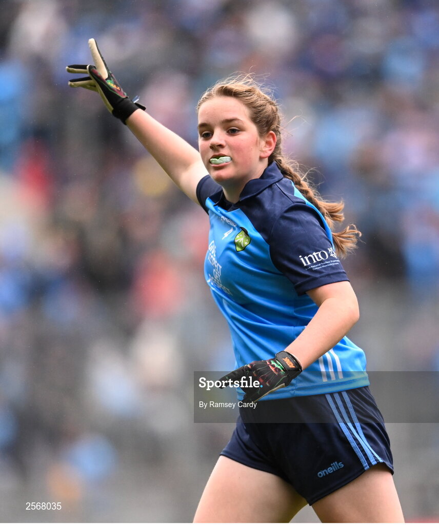 15 July 2023; Sorcha Aspell, Ardnagrath NS, Athlone, Westmeath, representing Dublin, during the INTO Cumann na mBunscol GAA Respect Exhibition Go Games at the GAA Football All-Ireland Senior Championship semi-final match between Dublin and Monaghan at Croke Park in Dublin. Photo by Ramsey Cardy/Sportsfile