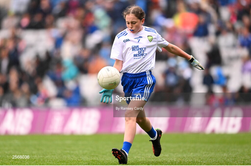 15 July 2023; Maebh Browne, Hollyford NS, Hollyford, Tipperary, representing Monaghan, during the INTO Cumann na mBunscol GAA Respect Exhibition Go Games at the GAA Football All-Ireland Senior Championship semi-final match between Dublin and Monaghan at Croke Park in Dublin. Photo by Ramsey Cardy/Sportsfile
