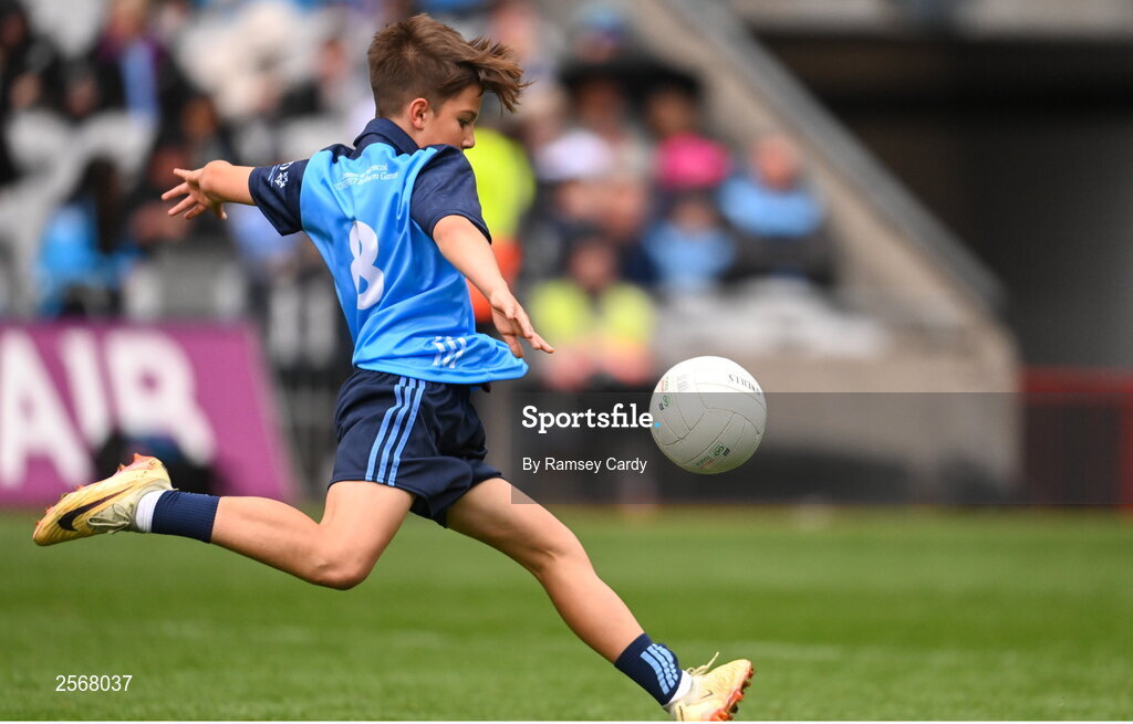 15 July 2023; Fionn McCormack Crowe, St Mary's NS, Drumlish, Longford, representing Dublin, during the INTO Cumann na mBunscol GAA Respect Exhibition Go Games at the GAA Football All-Ireland Senior Championship semi-final match between Dublin and Monaghan at Croke Park in Dublin. Photo by Ramsey Cardy/Sportsfile