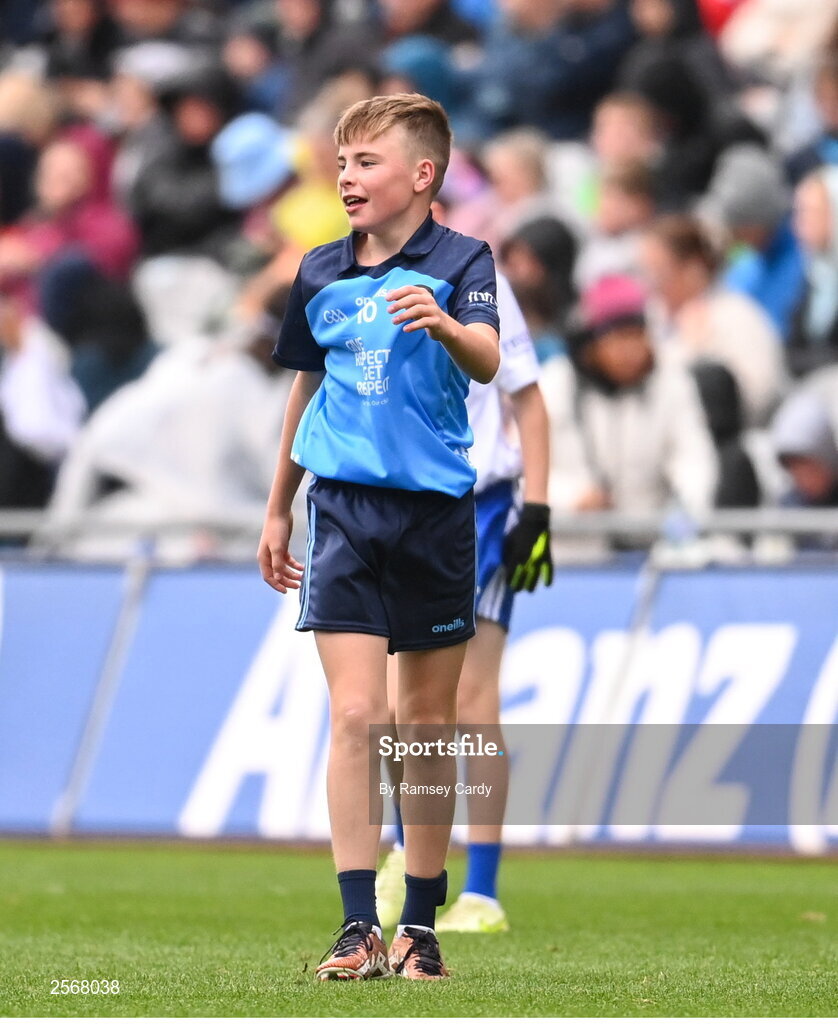 15 July 2023; Jack 0'Toole, St Joseph's PS, Ballinrobe, Mayo, representing Dublin, during the INTO Cumann na mBunscol GAA Respect Exhibition Go Games at the GAA Football All-Ireland Senior Championship semi-final match between Dublin and Monaghan at Croke Park in Dublin. Photo by Ramsey Cardy/Sportsfile