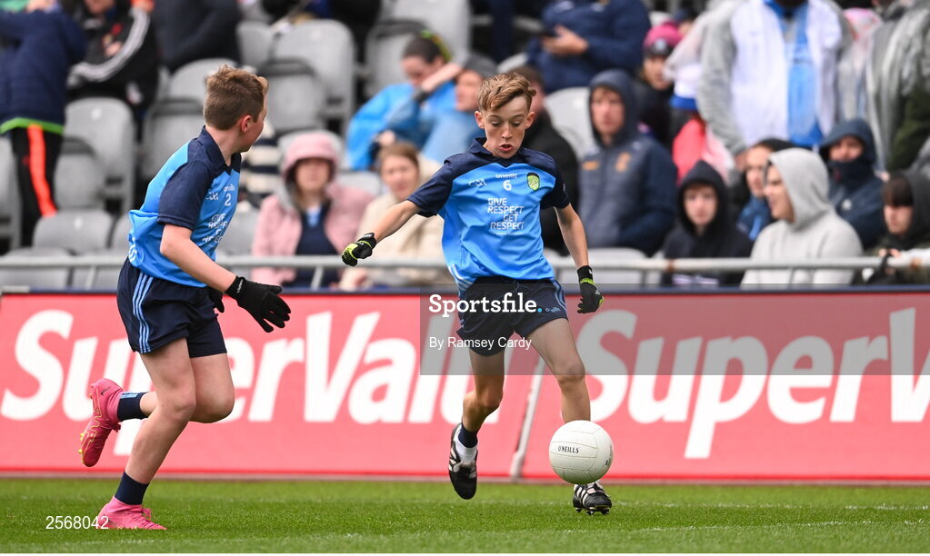 15 July 2023; Ben Lenihan, Dromcollogher NS, Charleville, Cork, representing Dublin, during the INTO Cumann na mBunscol GAA Respect Exhibition Go Games at the GAA Football All-Ireland Senior Championship semi-final match between Dublin and Monaghan at Croke Park in Dublin. Photo by Ramsey Cardy/Sportsfile