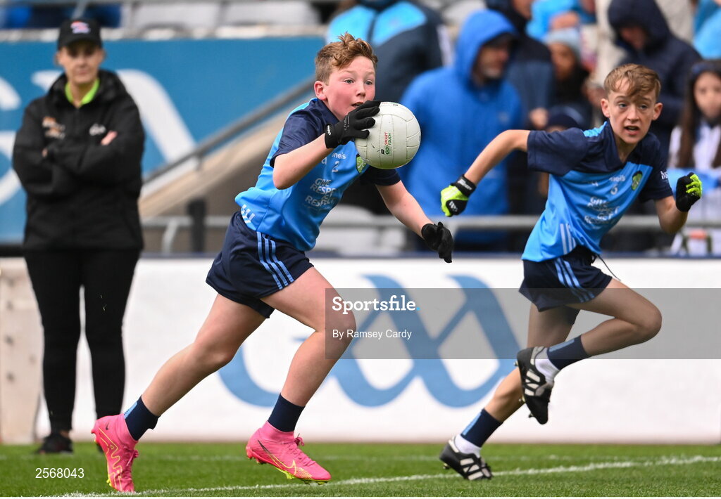 15 July 2023; Mike Funston, Enniskillen Integrated PS, Fermanagh, representing Dublin, during the INTO Cumann na mBunscol GAA Respect Exhibition Go Games at the GAA Football All-Ireland Senior Championship semi-final match between Dublin and Monaghan at Croke Park in Dublin. Photo by Ramsey Cardy/Sportsfile