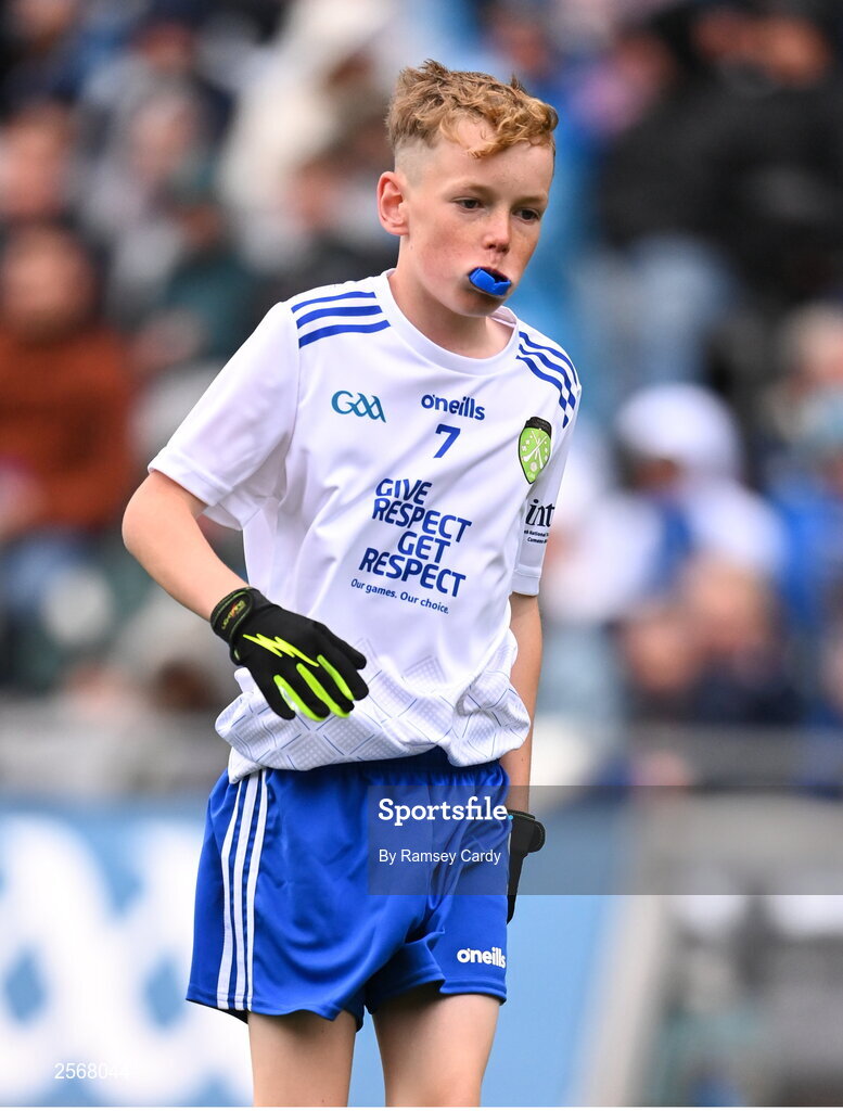 15 July 2023; Kevin Touhy, Kilgarvan Central School, Kilgarvan, Kerry, representing Monaghan, during the INTO Cumann na mBunscol GAA Respect Exhibition Go Games at the GAA Football All-Ireland Senior Championship semi-final match between Dublin and Monaghan at Croke Park in Dublin. Photo by Ramsey Cardy/Sportsfile