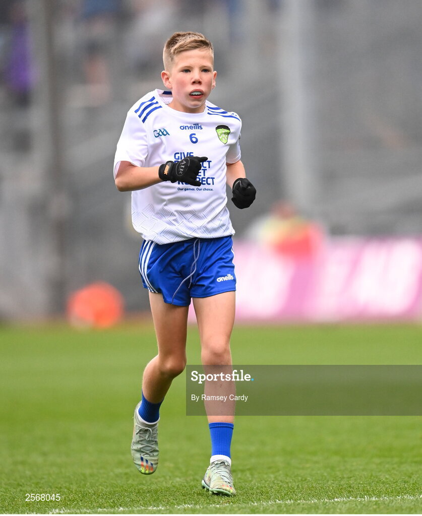 15 July 2023; Max O Muineacháin, Gaelscoil Faithleann, Killarney, Kerry, representing Monaghan, during the INTO Cumann na mBunscol GAA Respect Exhibition Go Games at the GAA Football All-Ireland Senior Championship semi-final match between Dublin and Monaghan at Croke Park in Dublin. Photo by Ramsey Cardy/Sportsfile