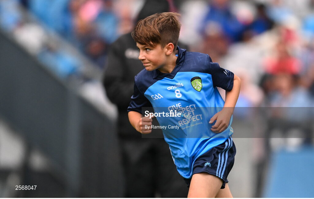 15 July 2023; Fionn McCormack Crowe, St Mary's NS, Drumlish, Longford, representing Dublin, during the INTO Cumann na mBunscol GAA Respect Exhibition Go Games at the GAA Football All-Ireland Senior Championship semi-final match between Dublin and Monaghan at Croke Park in Dublin. Photo by Ramsey Cardy/Sportsfile
