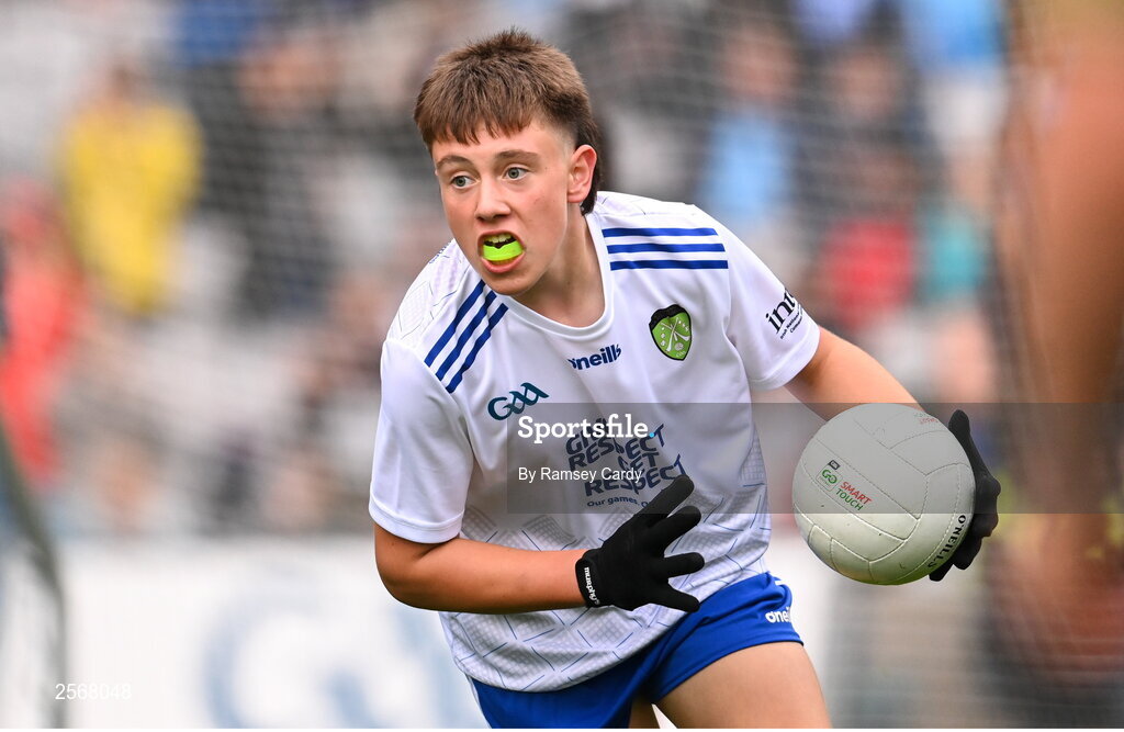 15 July 2023; Action during the INTO Cumann na mBunscol GAA Respect Exhibition Go Games at the GAA Football All-Ireland Senior Championship semi-final match between Dublin and Monaghan at Croke Park in Dublin. Photo by Ramsey Cardy/Sportsfile