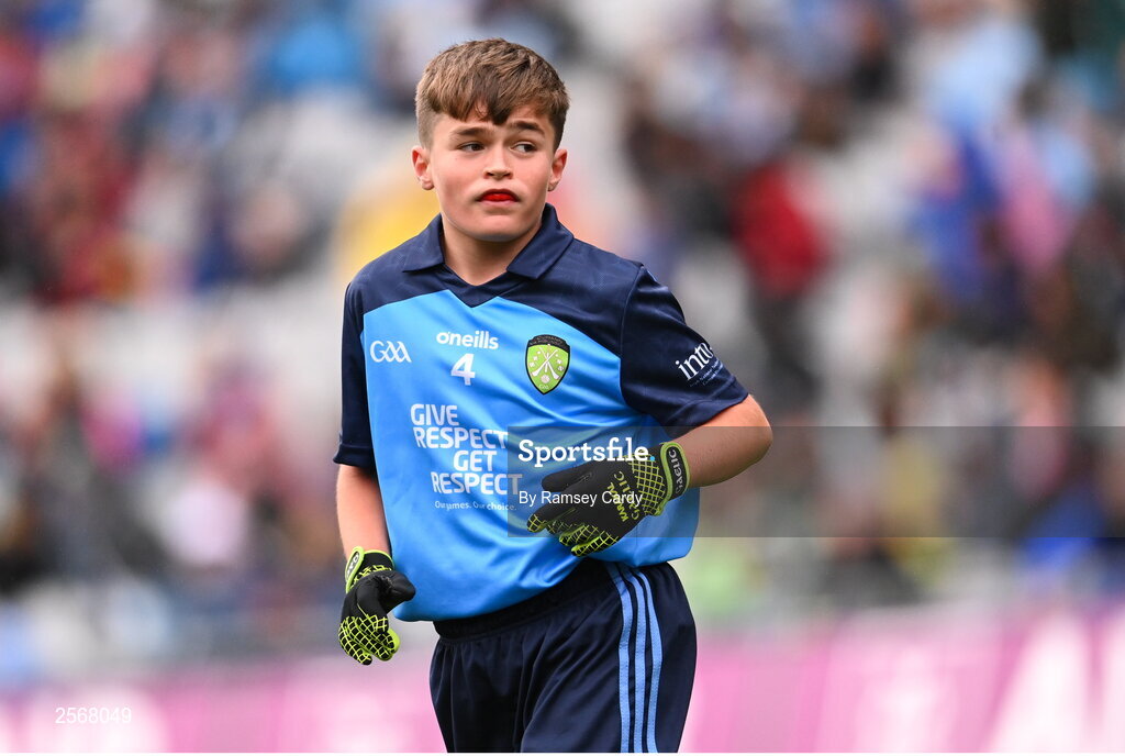 15 July 2023; Ryan O'Rourke, St Brendan's BNS, Loughrea, Galway, representing Dublin, during the INTO Cumann na mBunscol GAA Respect Exhibition Go Games at the GAA Football All-Ireland Senior Championship semi-final match between Dublin and Monaghan at Croke Park in Dublin. Photo by Ramsey Cardy/Sportsfile