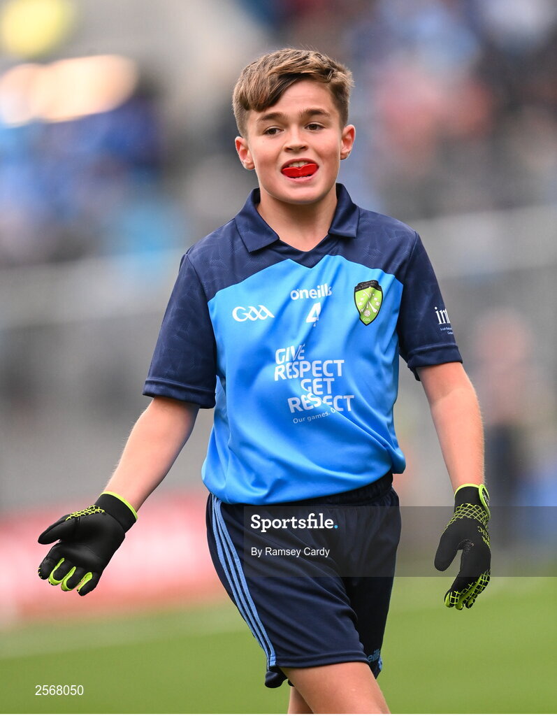 15 July 2023; Ryan O'Rourke, St Brendan's BNS, Loughrea, Galway, representing Dublin, during the INTO Cumann na mBunscol GAA Respect Exhibition Go Games at the GAA Football All-Ireland Senior Championship semi-final match between Dublin and Monaghan at Croke Park in Dublin. Photo by Ramsey Cardy/Sportsfile