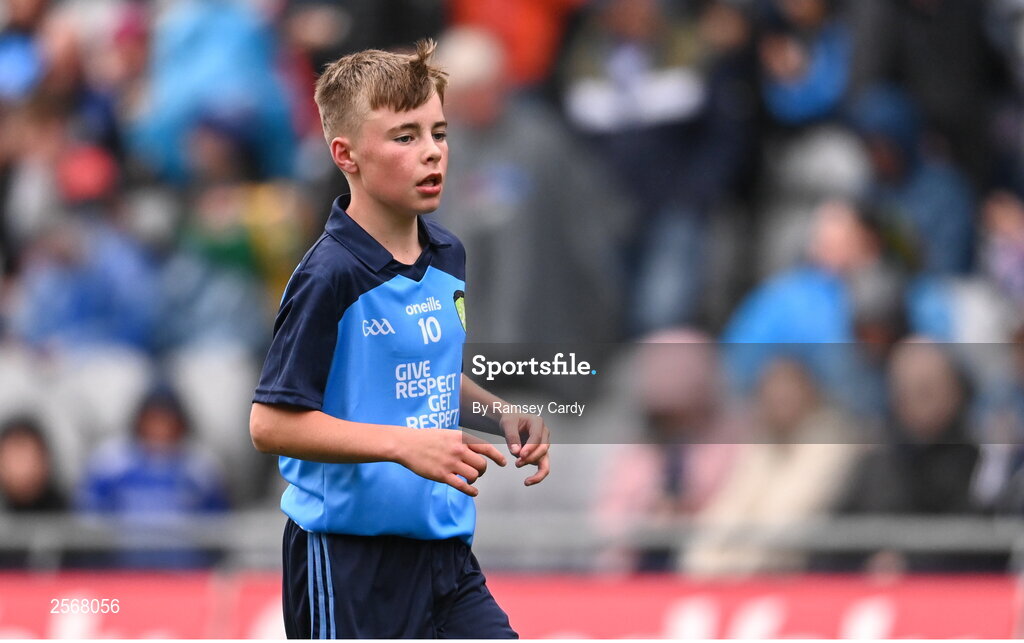 15 July 2023; Jack 0'Toole, St Joseph's PS, Ballinrobe, Mayo, representing Dublin, during the INTO Cumann na mBunscol GAA Respect Exhibition Go Games at the GAA Football All-Ireland Senior Championship semi-final match between Dublin and Monaghan at Croke Park in Dublin. Photo by Ramsey Cardy/Sportsfile