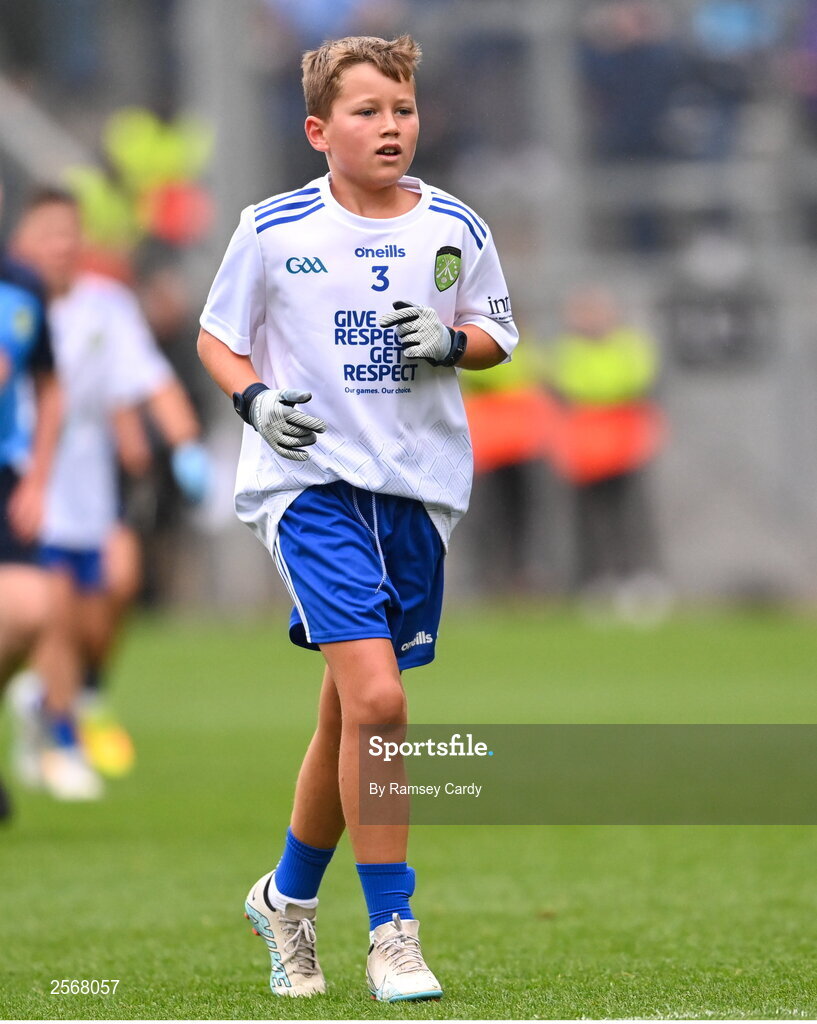 15 July 2023; Caolan Smith, St Oliver Plunkett's PS, Newry, Armagh, representing Monaghan, during the INTO Cumann na mBunscol GAA Respect Exhibition Go Games at the GAA Football All-Ireland Senior Championship semi-final match between Dublin and Monaghan at Croke Park in Dublin. Photo by Ramsey Cardy/Sportsfile