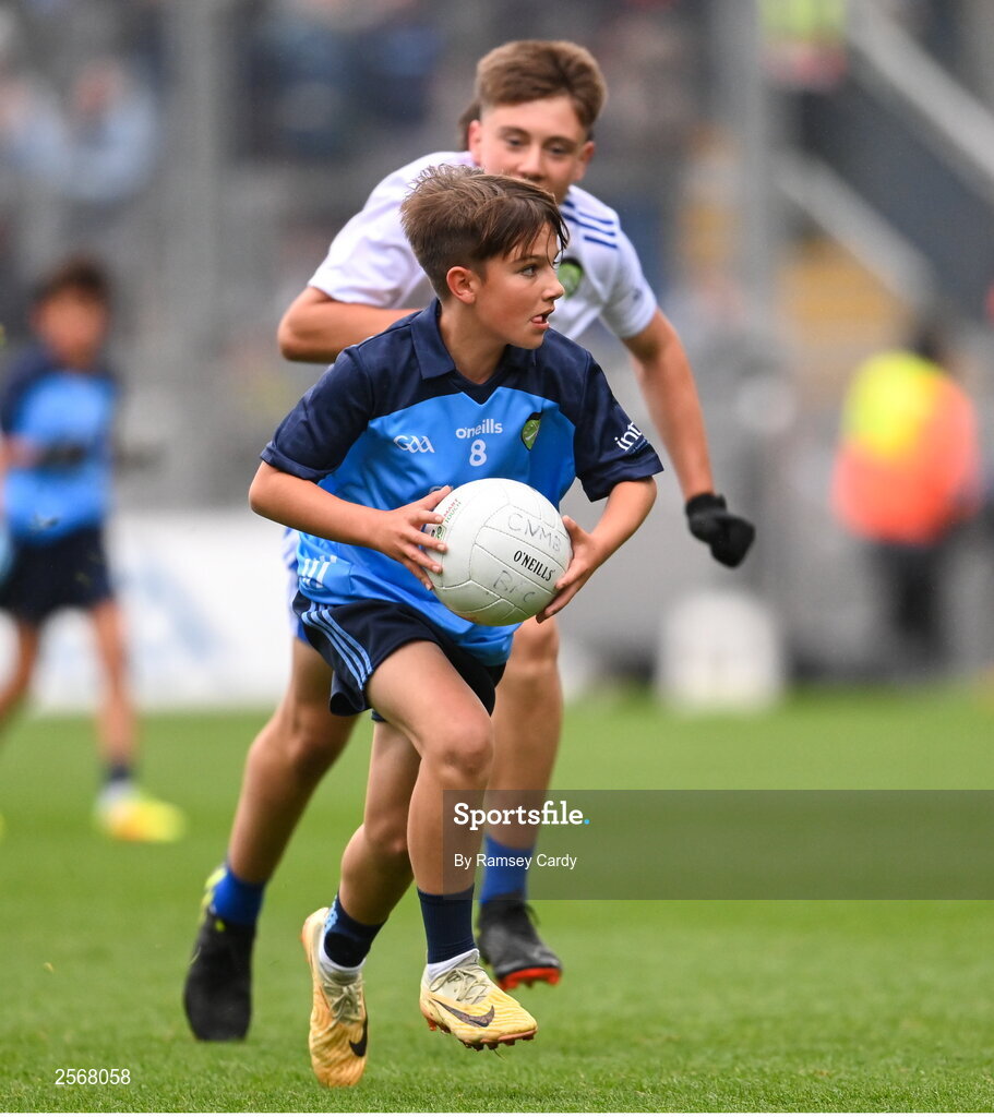 15 July 2023; Fionn McCormack Crowe, St Mary's NS, Drumlish, Longford, representing Dublin, during the INTO Cumann na mBunscol GAA Respect Exhibition Go Games at the GAA Football All-Ireland Senior Championship semi-final match between Dublin and Monaghan at Croke Park in Dublin. Photo by Ramsey Cardy/Sportsfile