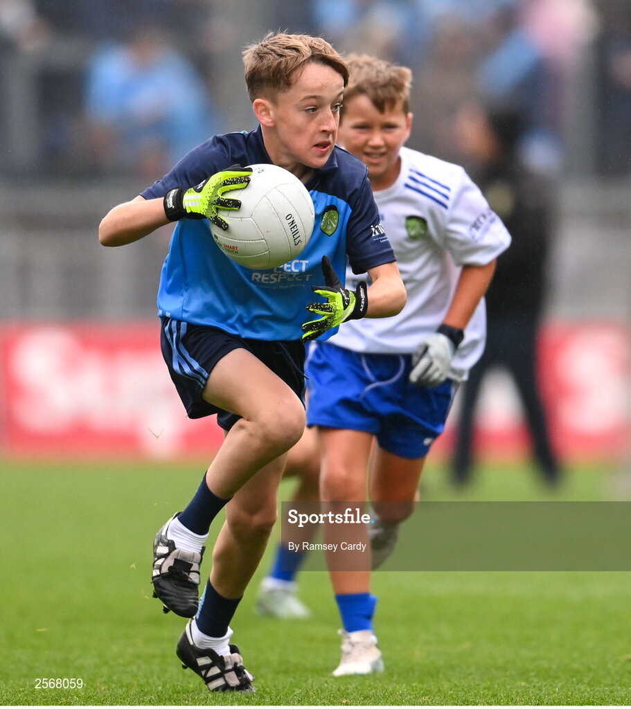 15 July 2023; Ben Lenihan, Dromcollogher NS, Charleville, Cork, representing Dublin, during the INTO Cumann na mBunscol GAA Respect Exhibition Go Games at the GAA Football All-Ireland Senior Championship semi-final match between Dublin and Monaghan at Croke Park in Dublin. Photo by Ramsey Cardy/Sportsfile
