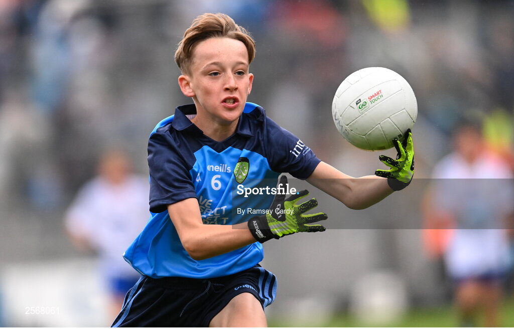 15 July 2023; Ben Lenihan, Dromcollogher NS, Charleville, Cork, representing Dublin, during the INTO Cumann na mBunscol GAA Respect Exhibition Go Games at the GAA Football All-Ireland Senior Championship semi-final match between Dublin and Monaghan at Croke Park in Dublin. Photo by Ramsey Cardy/Sportsfile