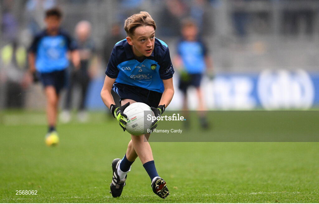 15 July 2023; Ben Lenihan, Dromcollogher NS, Charleville, Cork, representing Dublin, during the INTO Cumann na mBunscol GAA Respect Exhibition Go Games at the GAA Football All-Ireland Senior Championship semi-final match between Dublin and Monaghan at Croke Park in Dublin. Photo by Ramsey Cardy/Sportsfile