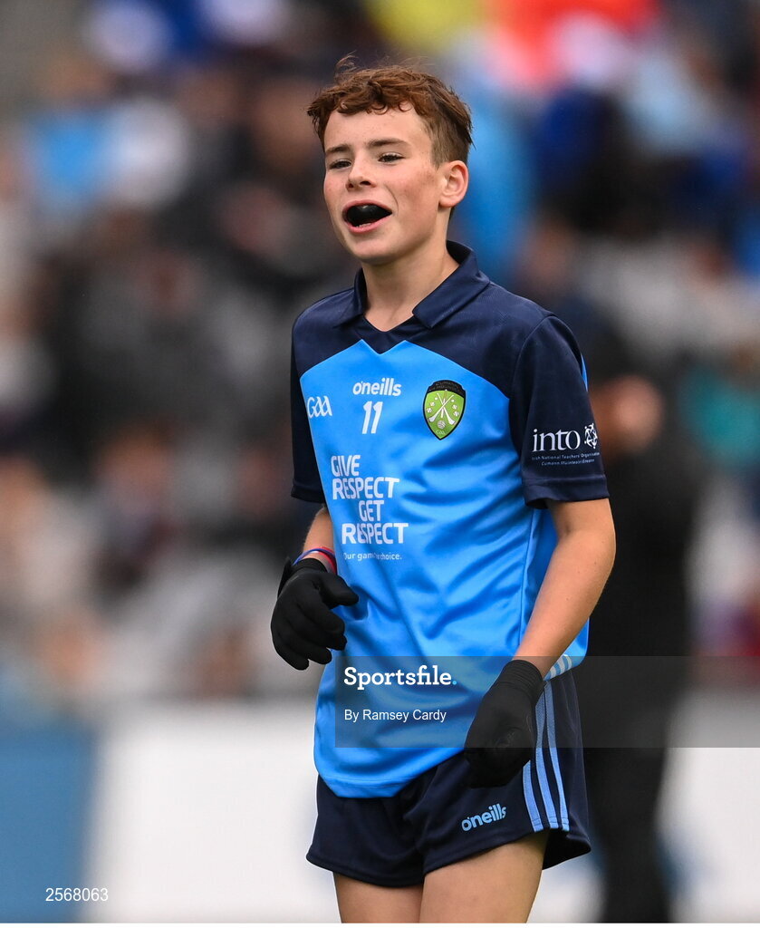 15 July 2023; Harry Maguire, Kilmessan NS, Kilmessan, Meath, representing Dublin, during the INTO Cumann na mBunscol GAA Respect Exhibition Go Games at the GAA Football All-Ireland Senior Championship semi-final match between Dublin and Monaghan at Croke Park in Dublin. Photo by Ramsey Cardy/Sportsfile