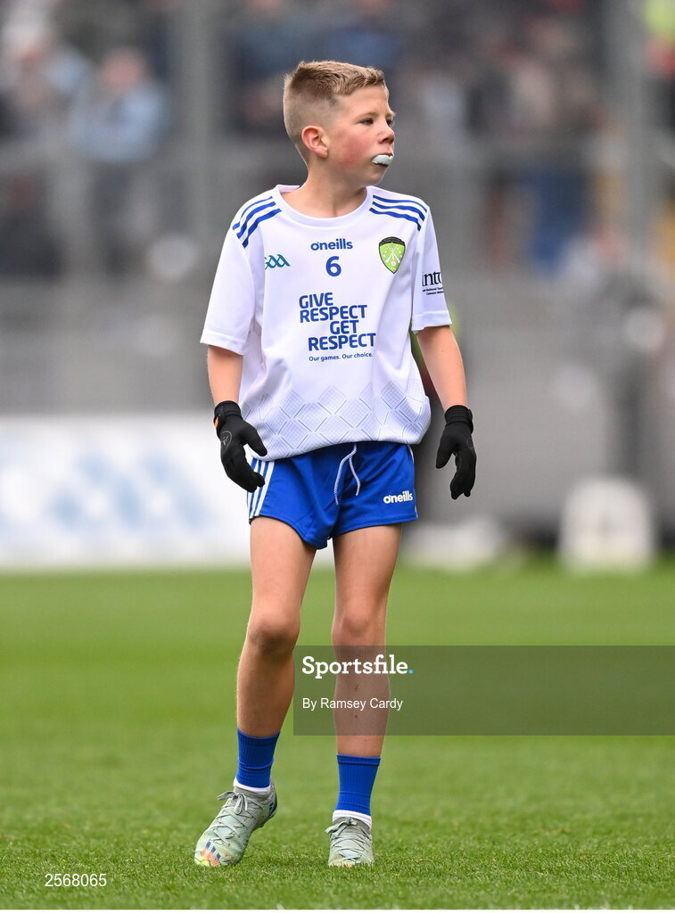 15 July 2023; Max O Muineacháin, Gaelscoil Faithleann, Killarney, Kerry, representing Monaghan, during the INTO Cumann na mBunscol GAA Respect Exhibition Go Games at the GAA Football All-Ireland Senior Championship semi-final match between Dublin and Monaghan at Croke Park in Dublin. Photo by Ramsey Cardy/Sportsfile