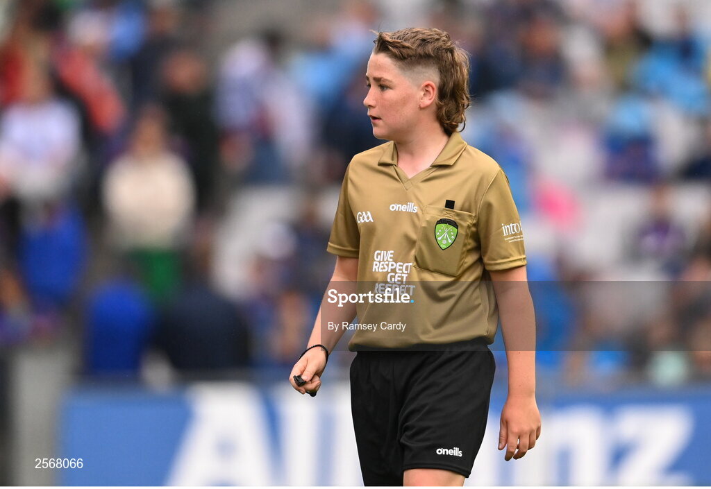 15 July 2023; Referee AJ McKeown, Straide NS, Foxford, Mayo, during the INTO Cumann na mBunscol GAA Respect Exhibition Go Games at the GAA Football All-Ireland Senior Championship semi-final match between Dublin and Monaghan at Croke Park in Dublin. Photo by Ramsey Cardy/Sportsfile