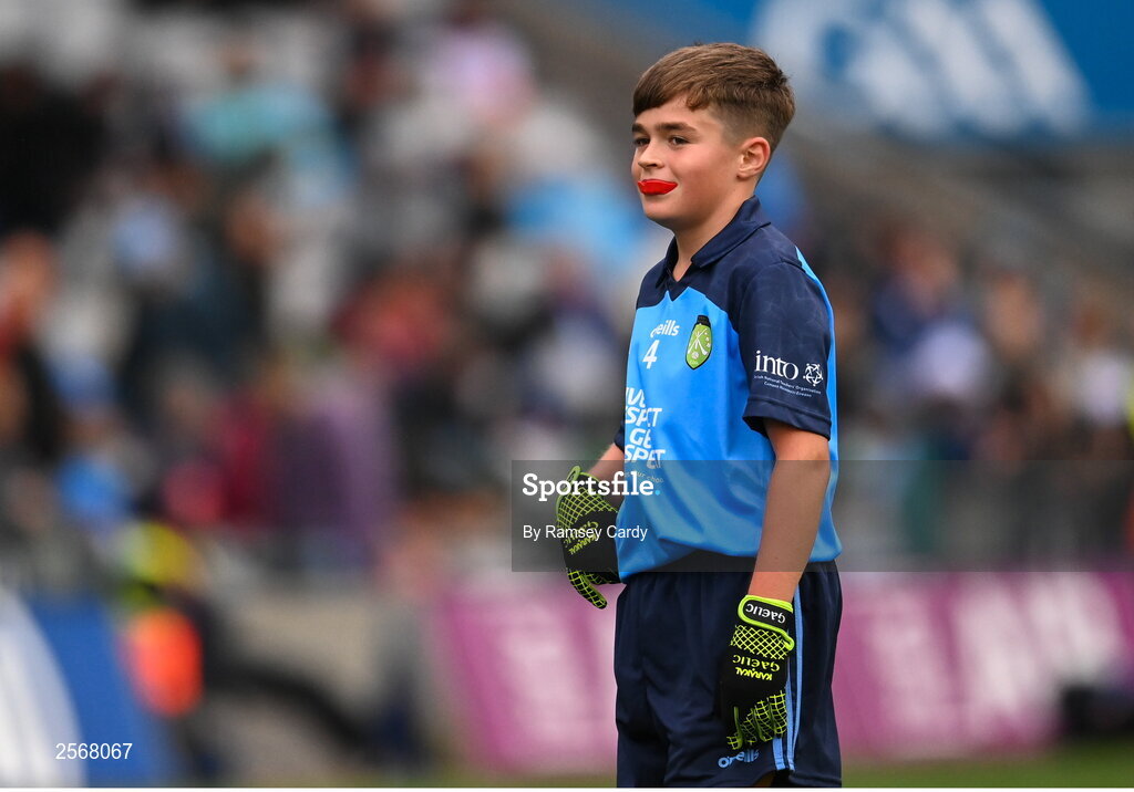 15 July 2023; Ryan O'Rourke, St Brendan's BNS, Loughrea, Galway, representing Dublin, during the INTO Cumann na mBunscol GAA Respect Exhibition Go Games at the GAA Football All-Ireland Senior Championship semi-final match between Dublin and Monaghan at Croke Park in Dublin. Photo by Ramsey Cardy/Sportsfile
