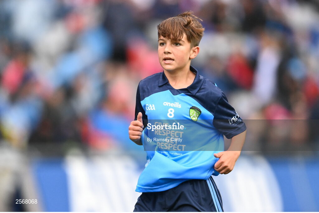 15 July 2023; Fionn McCormack Crowe, St Mary's NS, Drumlish, Longford, representing Dublin, during the INTO Cumann na mBunscol GAA Respect Exhibition Go Games at the GAA Football All-Ireland Senior Championship semi-final match between Dublin and Monaghan at Croke Park in Dublin. Photo by Ramsey Cardy/Sportsfile