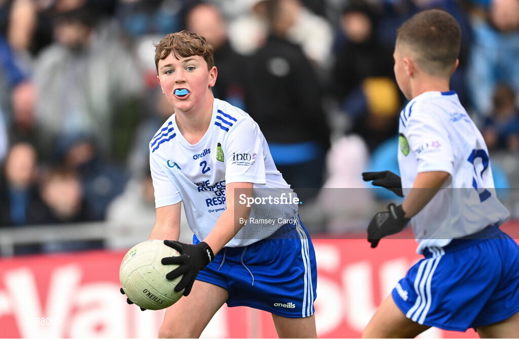 15 July 2023; Eanna McAuley, Mount Saint Michael's PS, Randalstown, Antrim, representing Monaghan, during the INTO Cumann na mBunscol GAA Respect Exhibition Go Games at the GAA Football All-Ireland Senior Championship semi-final match between Dublin and Monaghan at Croke Park in Dublin. Photo by Ramsey Cardy/Sportsfile