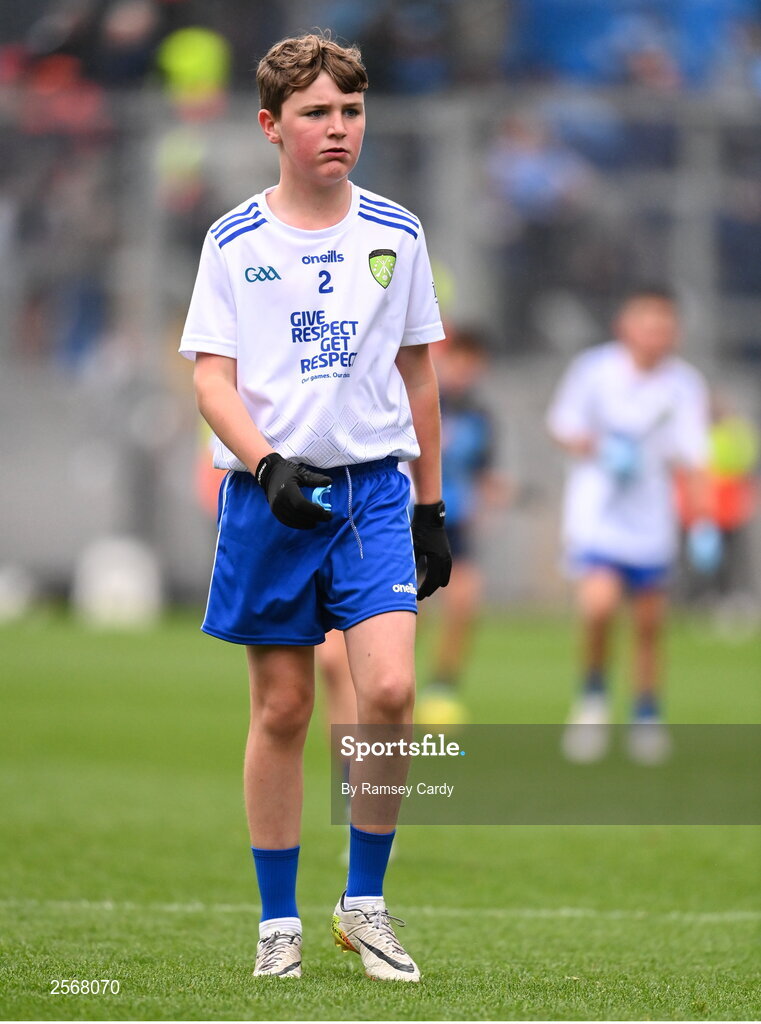 15 July 2023; Eanna McAuley, Mount Saint Michael's PS, Randalstown, Antrim, representing Monaghan, during the INTO Cumann na mBunscol GAA Respect Exhibition Go Games at the GAA Football All-Ireland Senior Championship semi-final match between Dublin and Monaghan at Croke Park in Dublin. Photo by Ramsey Cardy/Sportsfile