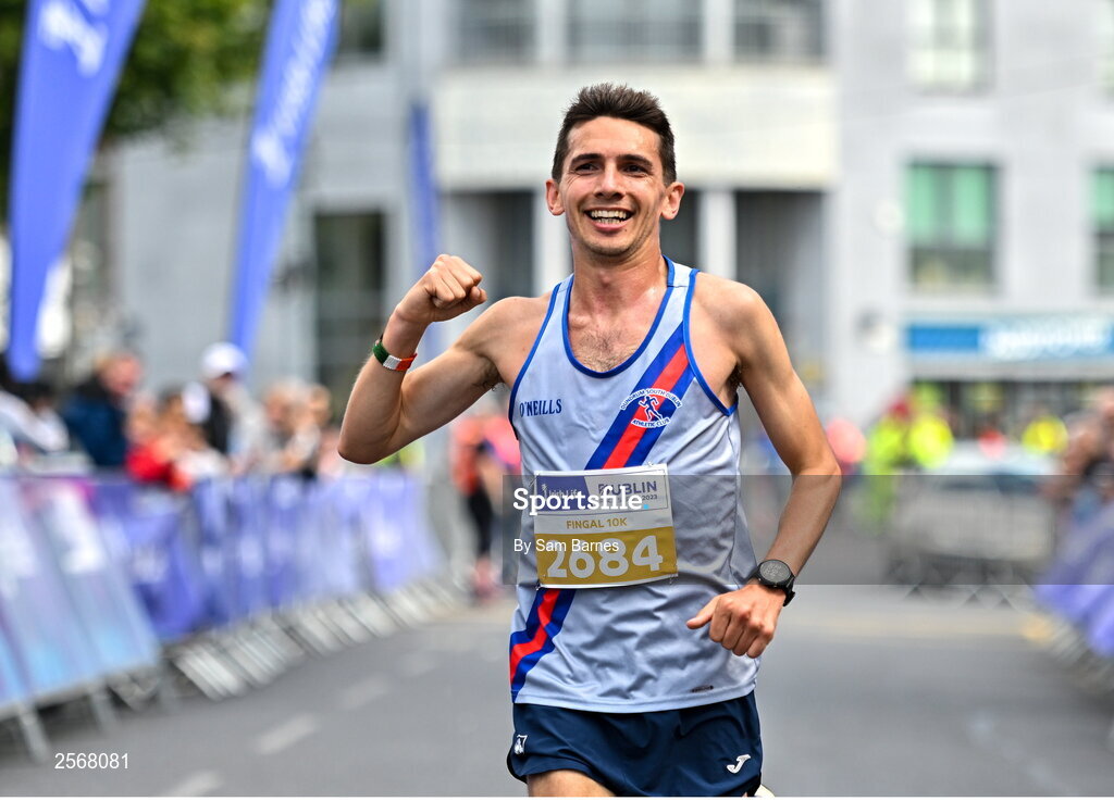 16 July 2023; Emmet Jennings of Dundrum South Dublin AC, crosses the line to win the 2023 Irish Life Dublin Race Series-Fingal 10km which took place on Sunday 16th of July at Swords in Dublin. Photo by Sam Barnes/Sportsfile