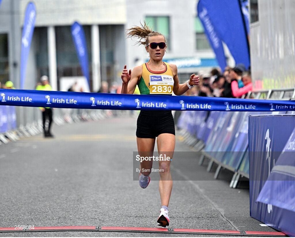 16 July 2023; Ciara Hickey of Brothers Pearse AC, Dublin, crosses the line to win the womens race during the 2023 Irish Life Dublin Race Series-Fingal 10km which took place on Sunday 16th of July at Swords in Dublin. Photo by Sam Barnes/Sportsfile