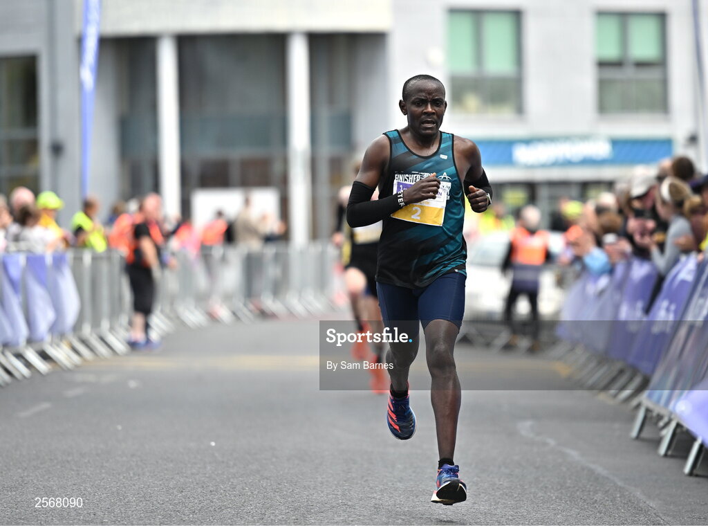 16 July 2023; Peter Somba of Dunboyne AC, Wicklow, crosses the line to finish third in the 2023 Irish Life Dublin Race Series-Fingal 10km which took place on Sunday 16th of July at Swords in Dublin. Photo by Sam Barnes/Sportsfile