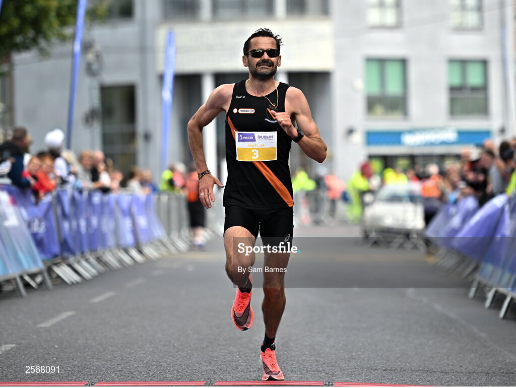16 July 2023; Sergiu Ciobanu of Clonliffe Harriers, Dublin, crosses the line to finish second in the 2023 Irish Life Dublin Race Series-Fingal 10km which took place on Sunday 16th of July at Swords in Dublin. Photo by Sam Barnes/Sportsfile