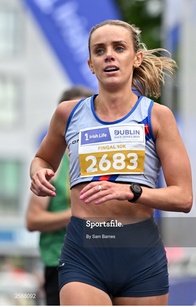 16 July 2023; Meghan Ryan of Dundrum South Dublin AC, after finishing second in the women's race during the 2023 Irish Life Dublin Race Series-Fingal 10km which took place on Sunday 16th of July at Swords in Dublin. Photo by Sam Barnes/Sportsfile