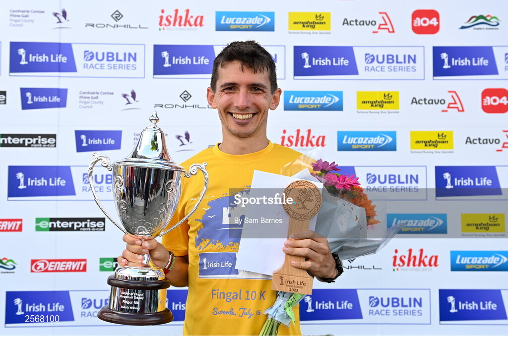 16 July 2023; Emmet Jennings of Dundrum South Dublin AC, with the cup after winning the 2023 Irish Life Dublin Race Series-Fingal 10km which took place on Sunday 16th of July at Swords in Dublin. Photo by Sam Barnes/Sportsfile