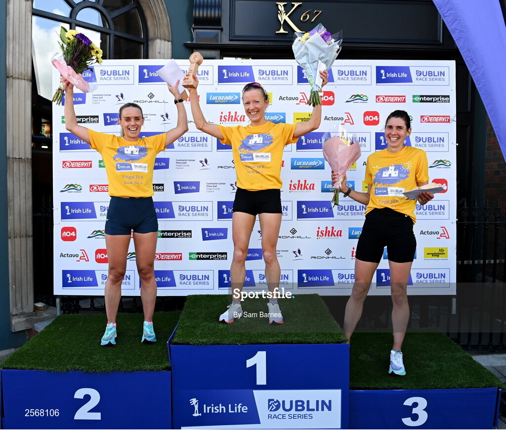 16 July 2023; The top three female finishers, Ciara Hickey of Brothers Pearse AC, Dublin, centre, first, Meghan Ryan of Dundrum South Dublin AC, left, second, and Kate Purcell of Raheny Shamrocks AC, Dublin, right, third, after the 2023 Irish Life Dublin Race Series-Fingal 10km which took place on Sunday 16th of July at Swords in Dublin. Photo by Sam Barnes/Sportsfile