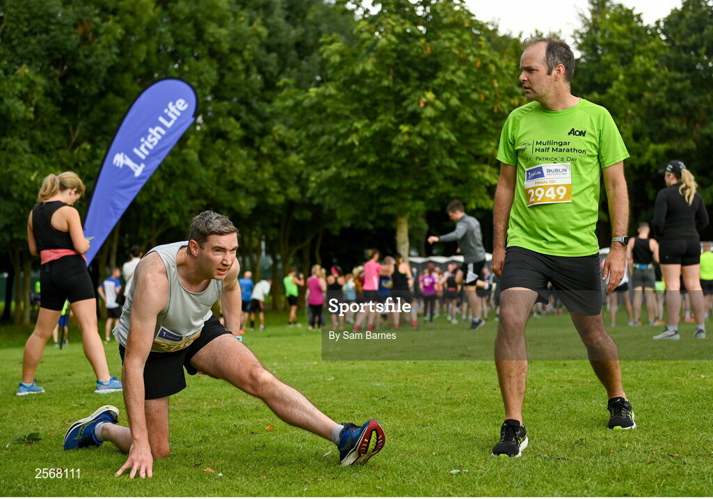 16 July 2023; John Gilbane, left, and Damien Gilbane, warm up before the 2023 Irish Life Dublin Race Series-Fingal 10km which took place on Sunday 16th of July at Swords in Dublin. Photo by Sam Barnes/Sportsfile