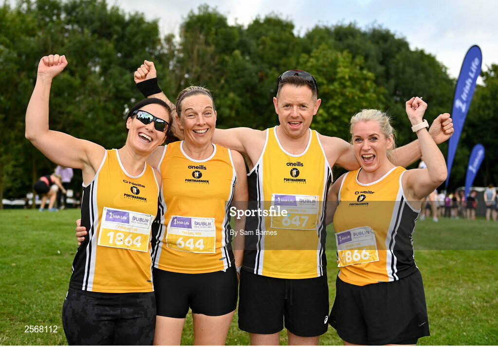 16 July 2023; Runners from Portmarnock AC, from left, Lisa McLoughlin, Mary Harte, David Moran and Patricia Balfe before the 2023 Irish Life Dublin Race Series-Fingal 10km which took place on Sunday 16th of July at Swords in Dublin. Photo by Sam Barnes/Sportsfile